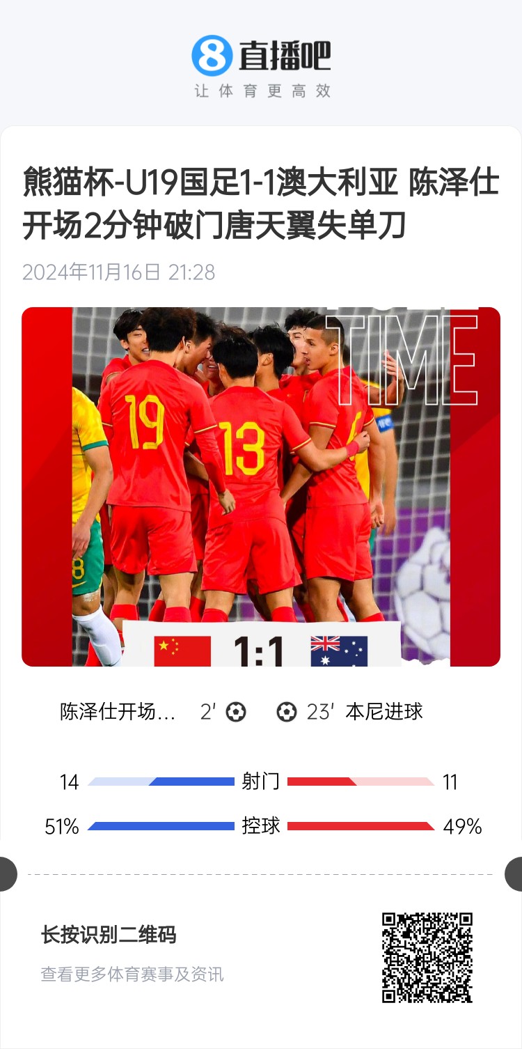  二番戰(zhàn)！U20國青與澳大利亞去年熊貓杯剛有過交手，雙方1-1戰(zhàn)平