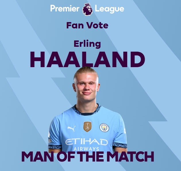  打進致勝球！英超官方：哈蘭德當選曼城1-0熱刺全場最佳球員
