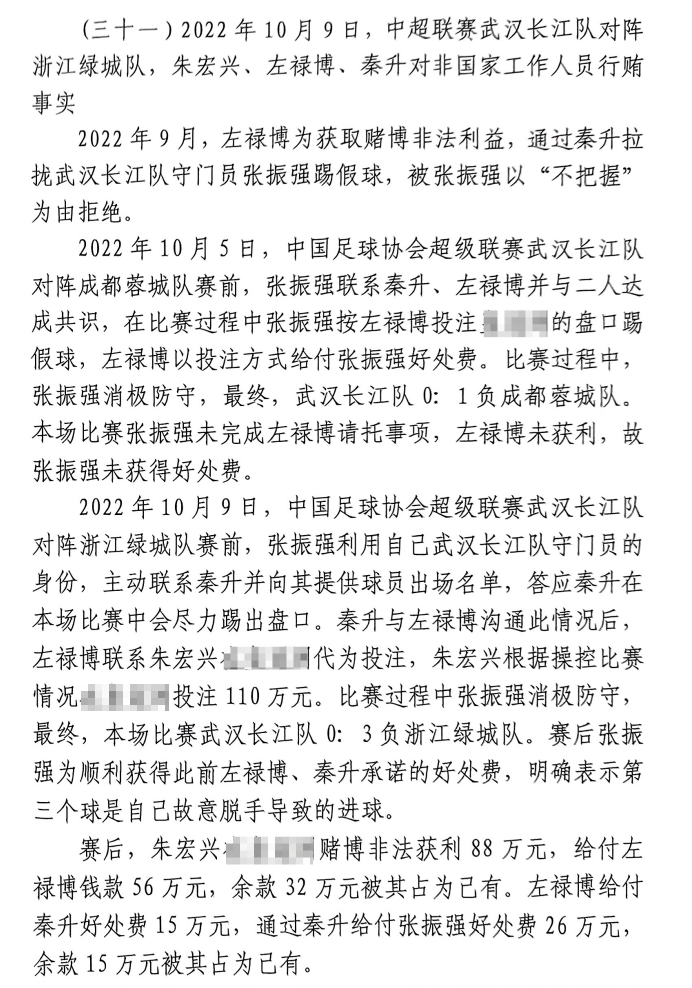  網(wǎng)傳判決書：前武漢門將向秦升主動(dòng)請纓踢假球，合分41萬好處費(fèi)