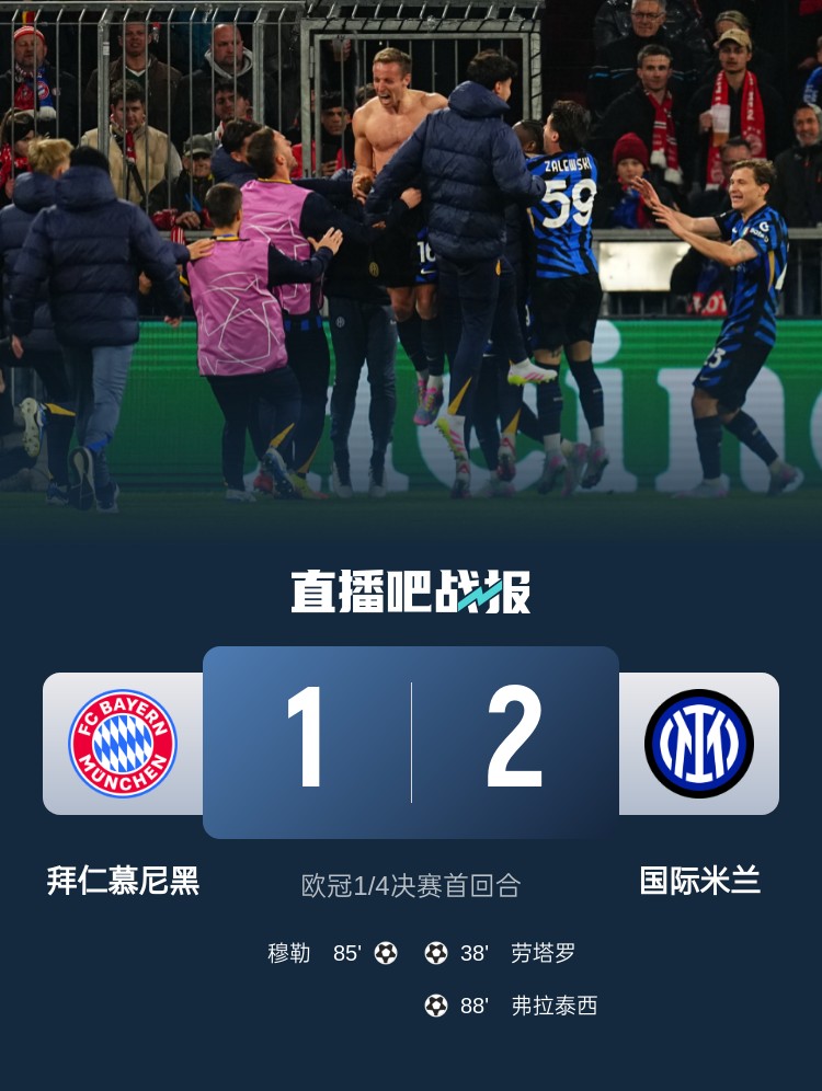  2-1占得先機！國米送給拜仁4年來歐冠主場首敗